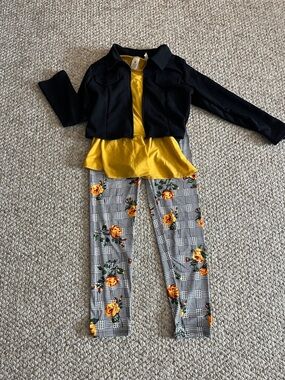 Adorable Girls Black Jacket & Mustard Yellow Top with Floral Plaid Leggings